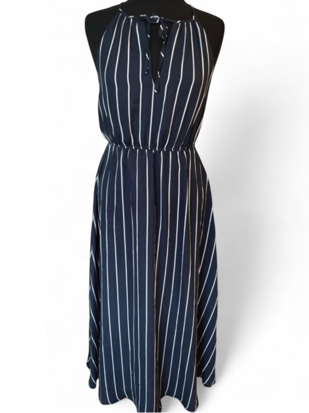Maison Jules Navy and White Vertical-Strip Halter Midi Dress